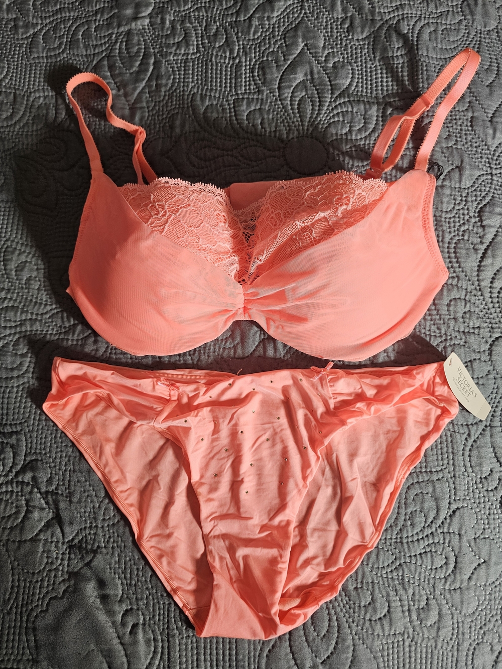Victoria's Secret Coral Lace-Trim Padded Bra & Bikini Set